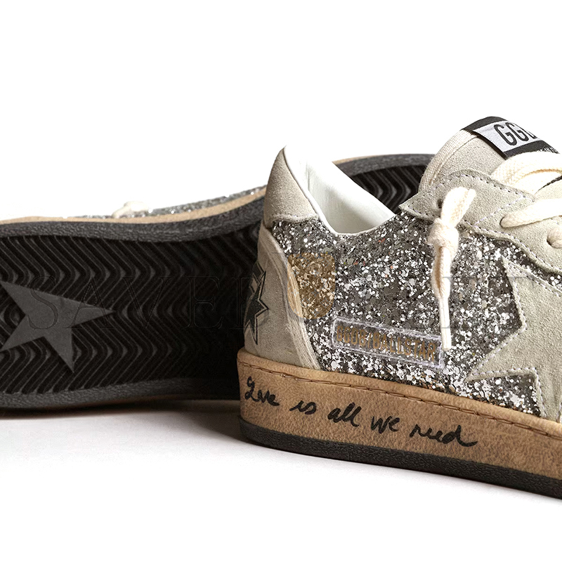 GOLDEN GOOSE WOMEN’S BALL STAR IN SILVER GLITTER WITH ICE-GRAY SUEDE INSERTS GWF00117